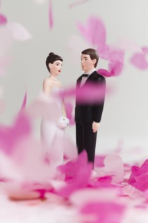 Bride and Groom cake toppers among confetti falling