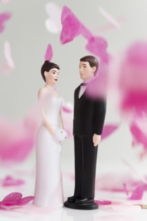 Bride and Groom cake toppers among confetti falling