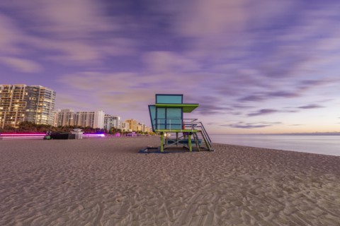 USA, Florida, Miami, Lifeguard hut on beach at dusk