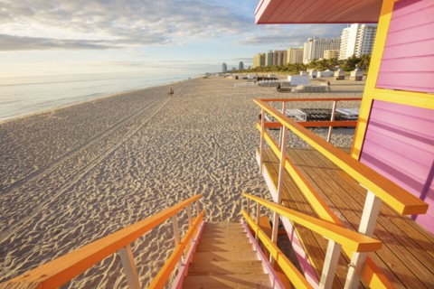 USA, Florida, Miami, Lifeguard hut on beach at dusk