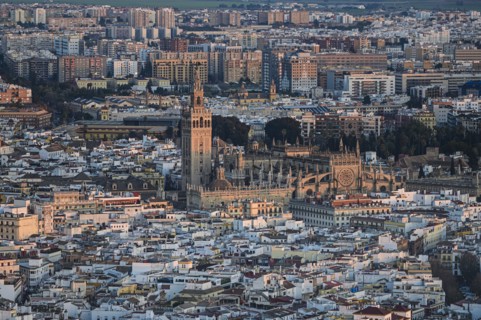 Spain, Andalusia, Seville, High angle view over Giralda Tower and Cathedral of Seville
