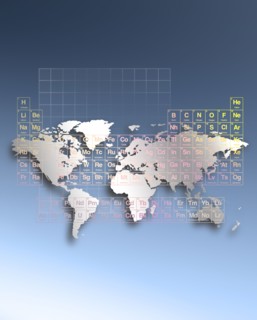 Digitally generated image of world map and periodic table