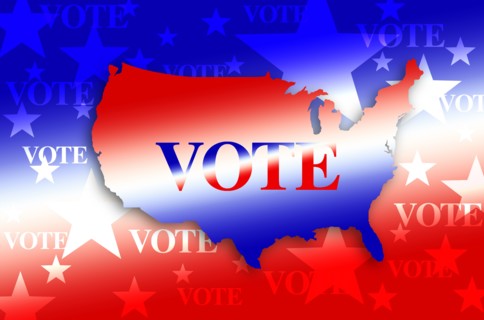 Digitally generated image of shape of USA map and vote signs