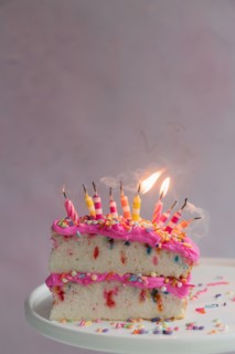 Slice of birthday cake with candles