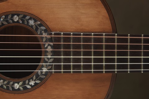 Close up of acoustic guitar bridge and strings
