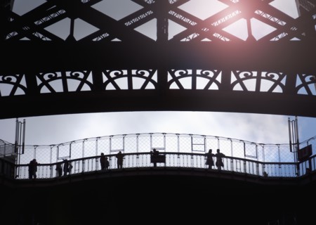France, Paris, Silhouette of tourists visiting Eiffel Tower