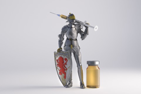 Knight figurine with vaccination against coronavirus