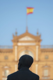 Spain, Seville, Statue of Anibal Gonzales at Plaza de Espana