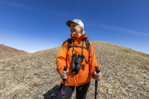 USA, Idaho, Bellevue, Portrait of senior woman hiking in mountains