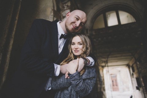 Portrait of smiling newlywed couple