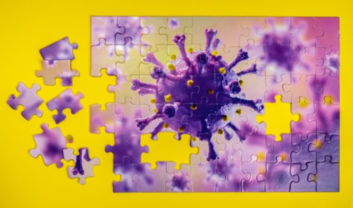 Studio shot of puzzle with Coronavirus model
