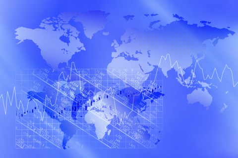 Blue world map with line graph