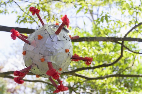 Coronavirus shaped pinata hanging from tree