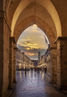 Croatia, Dubrovnik, People in old town street at dusk