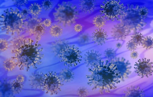 Digitally generated coronavirus on blue,,