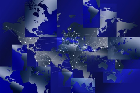 Fragmented world map with global network grid,,