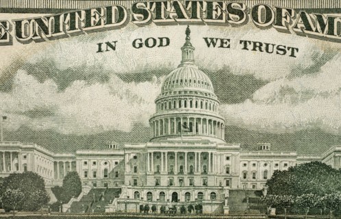 Close up of US paper bill with capitol building
