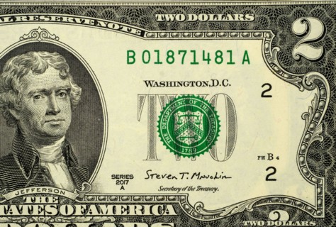 Close up of US two dollar bill