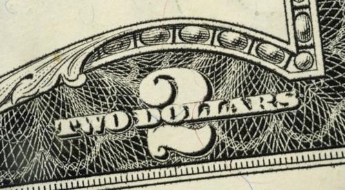 Close up of US two dollar bill