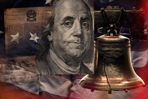 Benjamin Franklin, bell and newspaper against American flag,