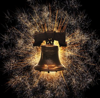 Liberty Bell against firework display,,