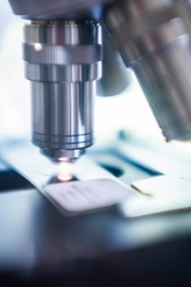 Close-up of laboratory microscope lens