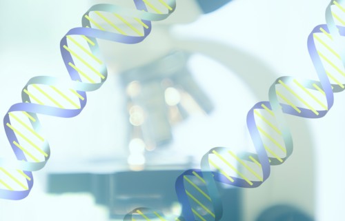 DNA helix and microscope in background