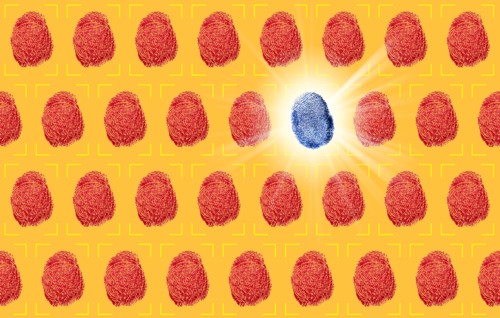 One blue fingerprint between red fingerprints on yellow background