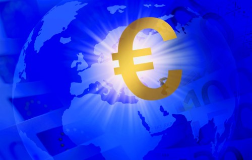 Euro symbol over globe showing Europe