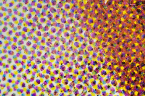 Microscopic view of CMYK printer dots