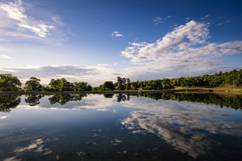 USA, Utah, Salem, Landscape with lake and clouds reflecting in water