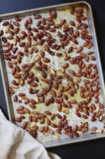 Roasted almonds on baking sheet