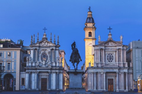Italy, Piedmont, Turin, Equestrian statue in front of church