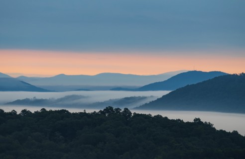 USA, Georgia, Fog above forest and Blue Ridge Mountains at sunrise