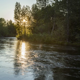 USA, Idaho, Boise, Sunset over forest and river