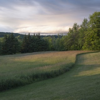 USA, New York, Cooperstown, Sunset over meadow and forest
