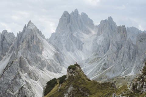 Italy, South Tirol, Belluno, Sexten Dolomites, Cadini di Misurina, Barren mountains on cloudy day