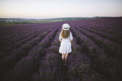 France, Woman in white dress in lavender field