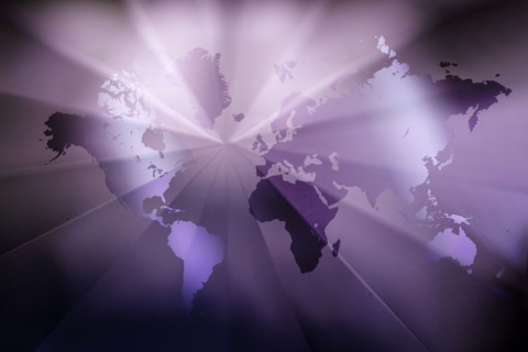 Purple world map with light beams
