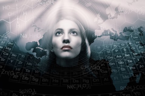 Studio shot of woman over world map
