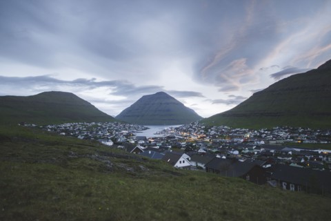 Denmark, Faroe Islands, Klaksvik, Village on coast