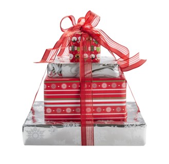 Studio shot of stack of Christmas gifts tide up with red ribbon