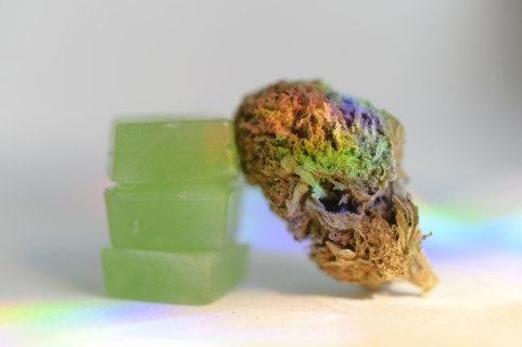 Stack of edible cannabis gummies and cannabis bud
