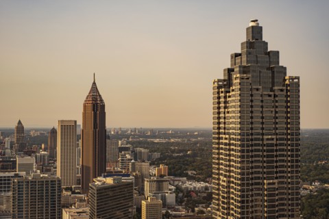 Downtown skyscrapers at sunset