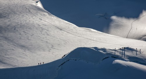 Climbers on mountain ridge at Monte Rosa Massif