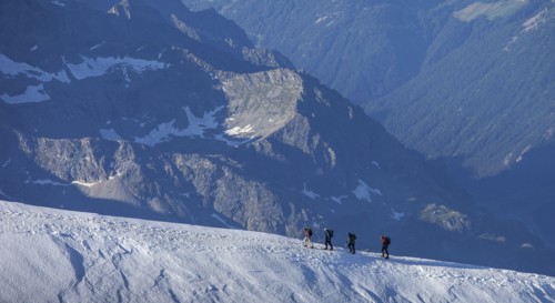 Climbers on mountain ridge at Monte Rosa Massif
