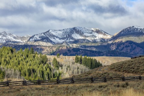 Ranch landscape with mountains and forests