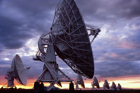 Radio telescopes at Karl G. Jansky Very Large Array at sunset