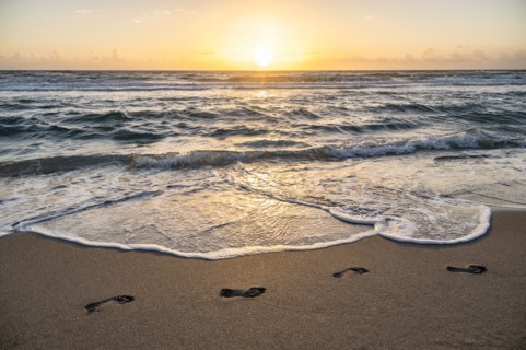 Footprints on beach at sunset