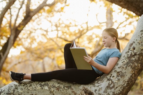 Girl sitting on tree branch and reading book
